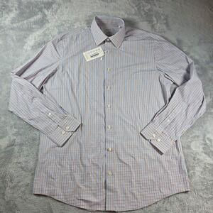 Collars & Co Mens Large Tan Blue Dress Shirt Apex Performance Tattersall Stretch